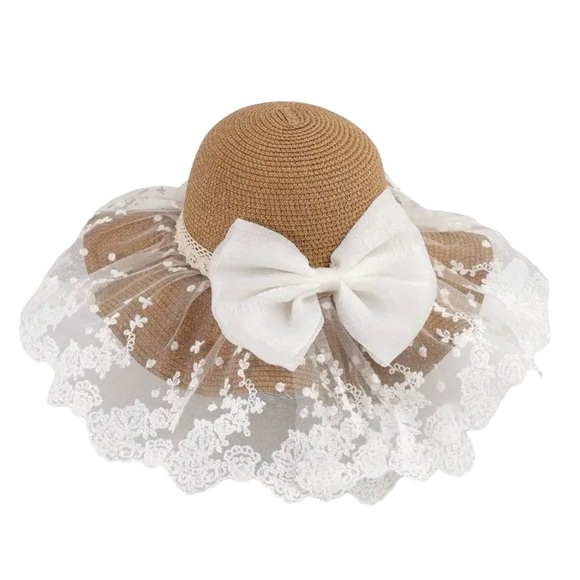 AD Women's Lace Bowknot Straw Hat, Wide Brim Wave Edge Sun Protection Beach Cap - Picture 3 of 6